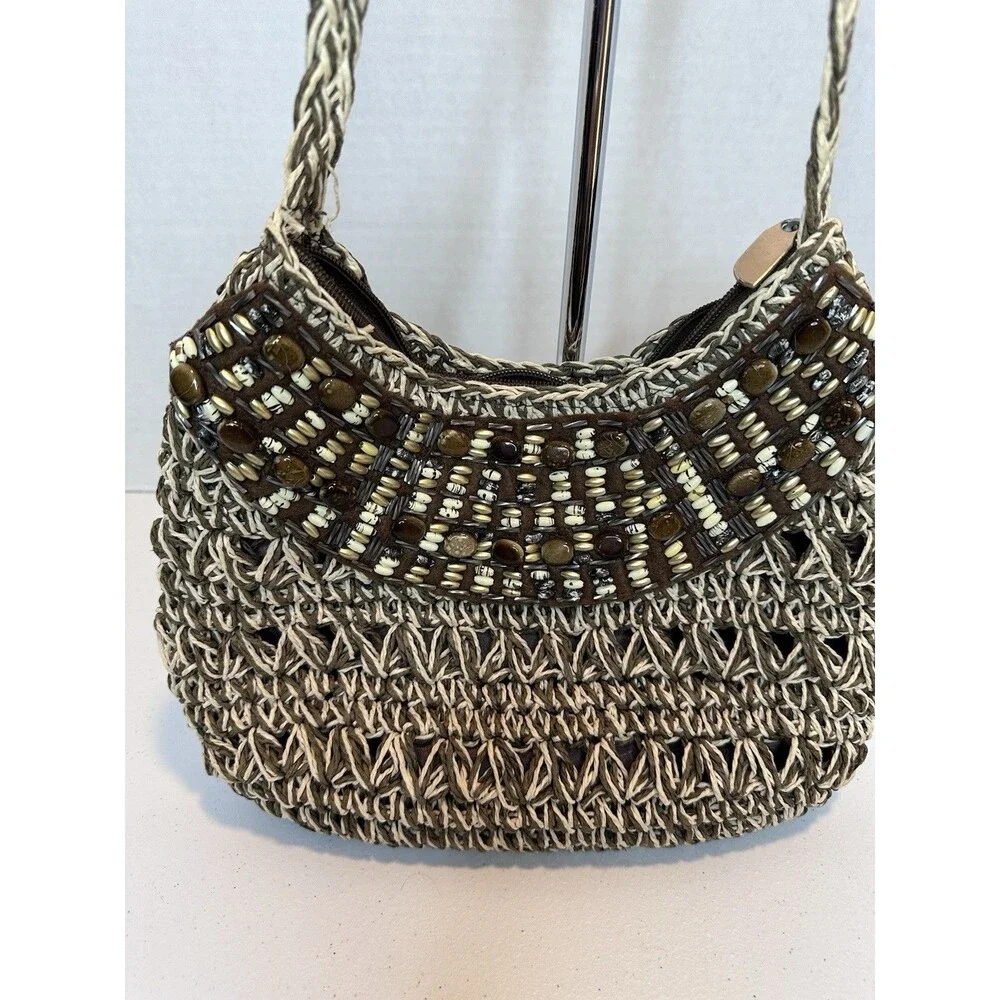 Vintage Sun N San Brown 1986 woven macramé beaded bohemian BoHo‎ shoulder bag
